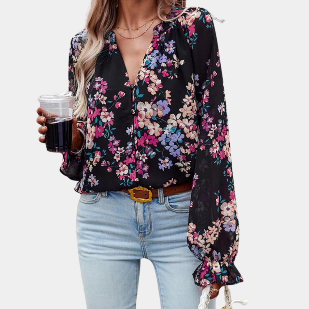 Floral blouse with V-neck for woman