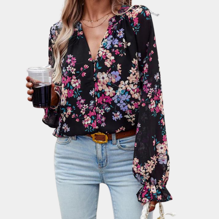 Floral blouse with V-neck for woman