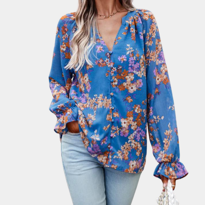 Floral blouse with V-neck for woman