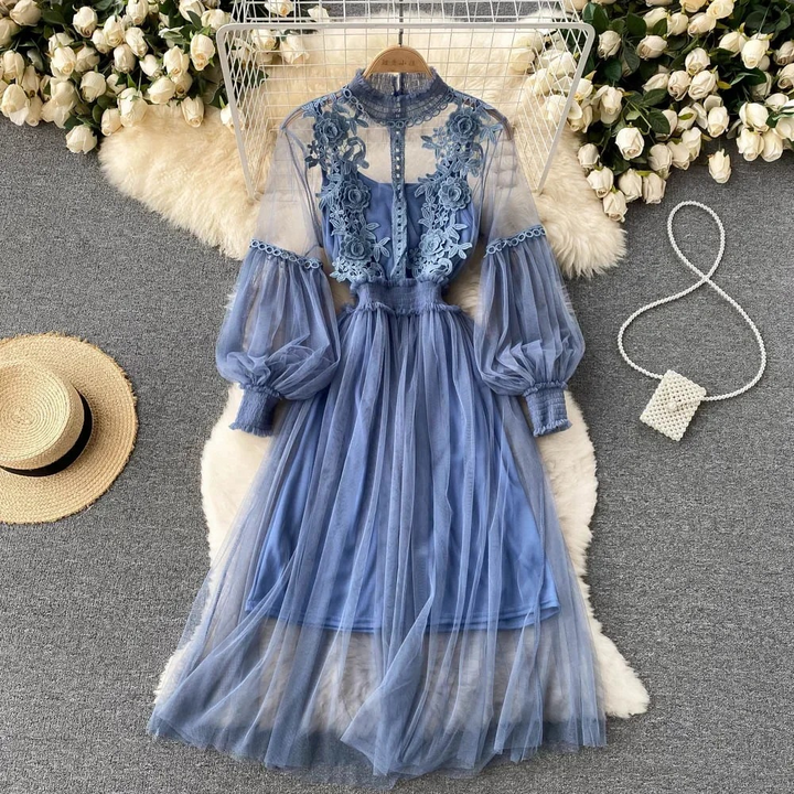 Enchanting Floral Dress with Stand-Up Collar