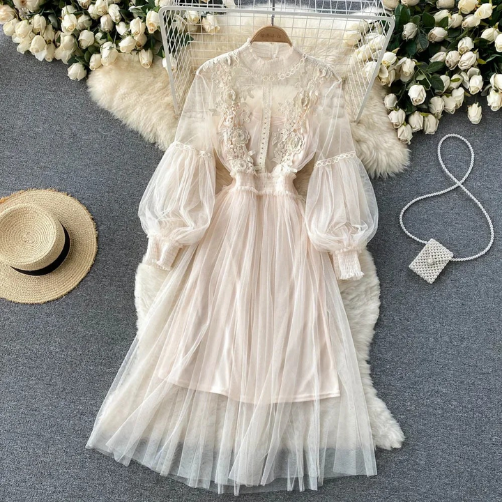 Enchanting Floral Dress with Stand-Up Collar