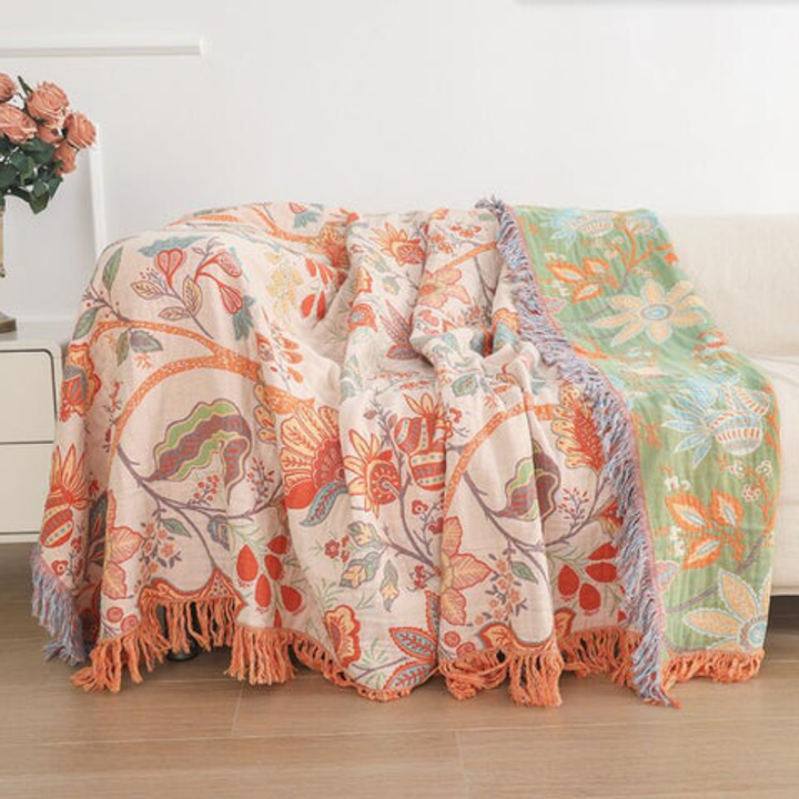 Rustic Blanket with Floral Fringes