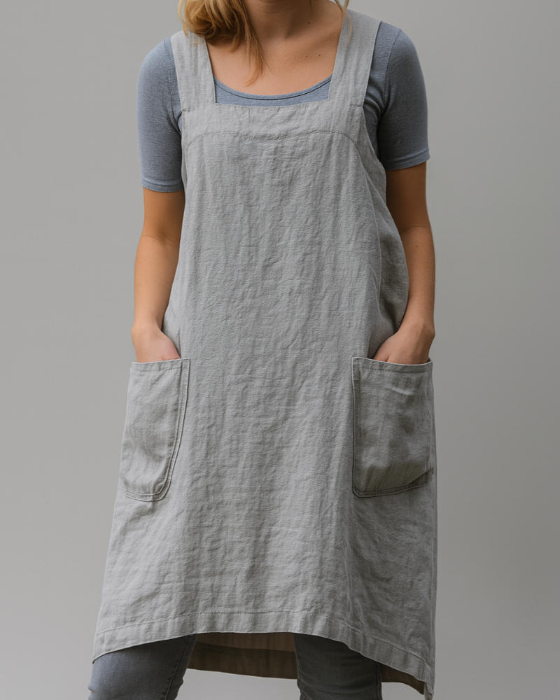 Women's dress in cotton and linen with apron-style pockets