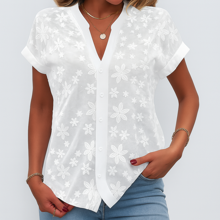 Short-sleeved blouse with floral pattern for women