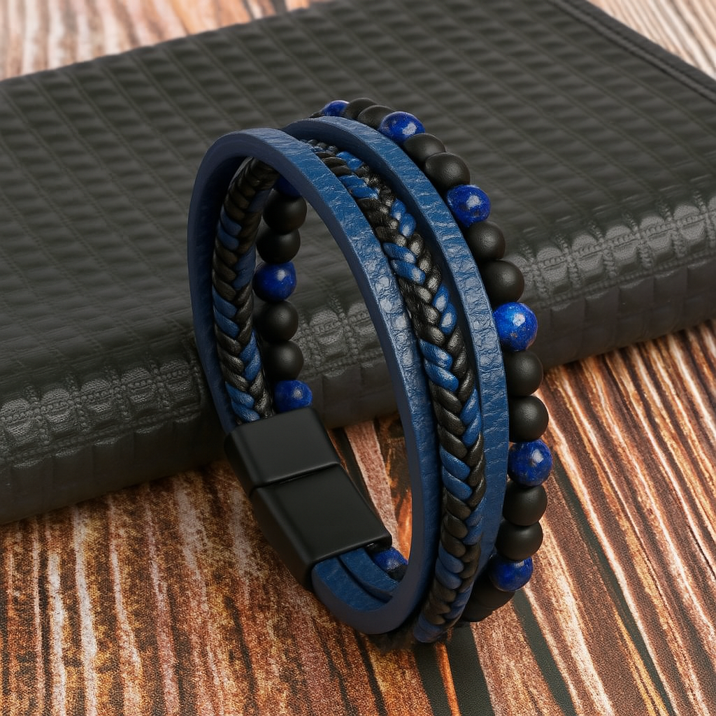 Men's Bracelet with Layers of Leather and Stone Beads
