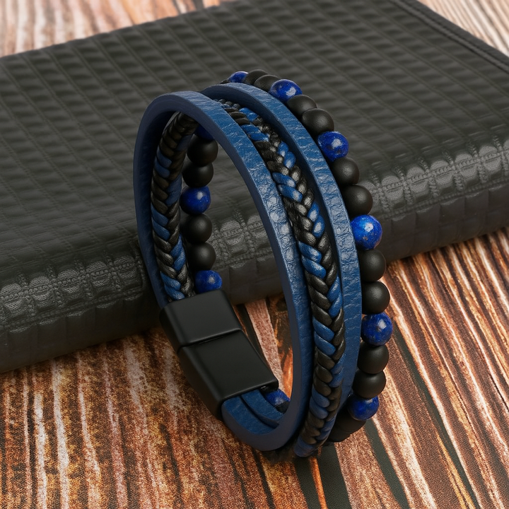 Men's Bracelet with Layers of Leather and Stone Beads
