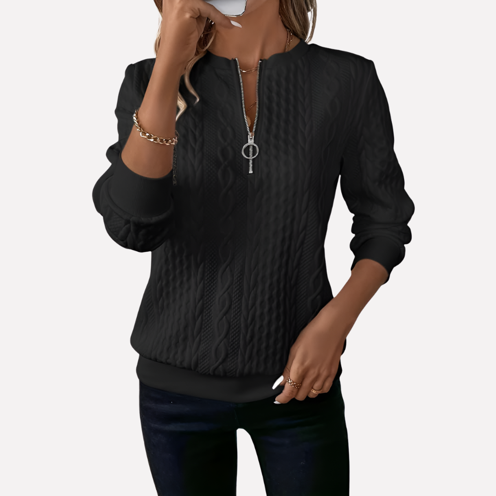 Women's Cable Knit Sweater with Zip Neck