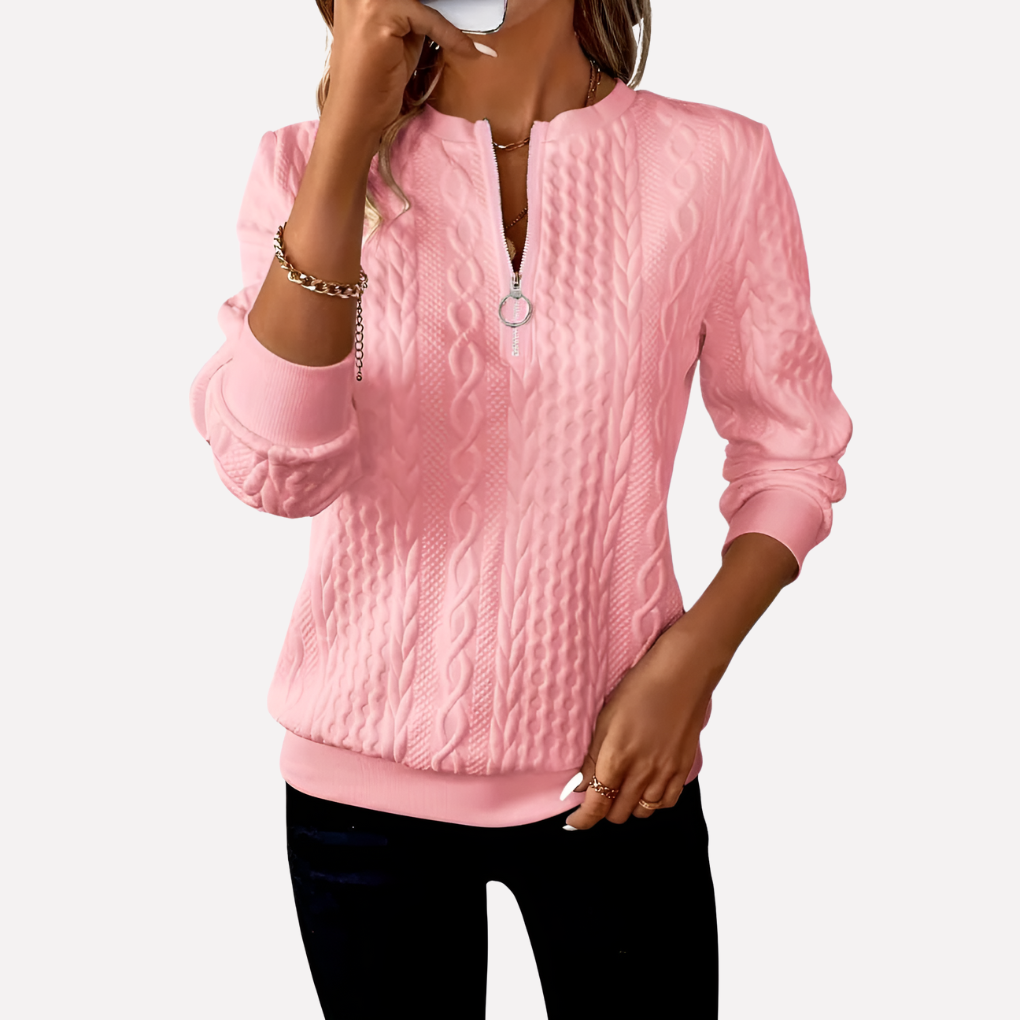 Women's Cable Knit Sweater with Zip Neck