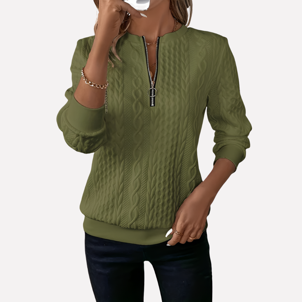 Women's Cable Knit Sweater with Zip Neck
