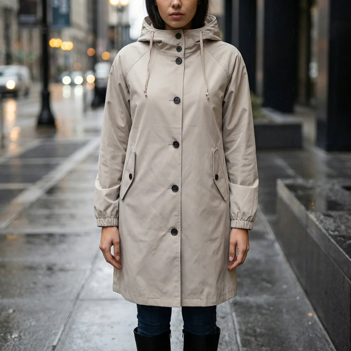 Drizzlux - Trench impermeabile con cappuccio, lunghezza al ginocchio