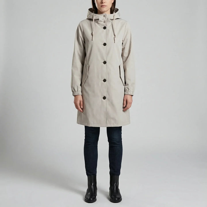 Drizzlux - Trench impermeabile con cappuccio, lunghezza al ginocchio