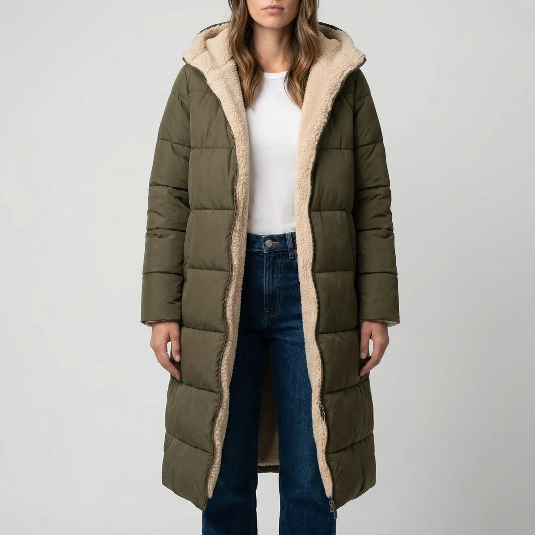 Dualvex - Cappotto invernale lungo reversibile con cappuccio