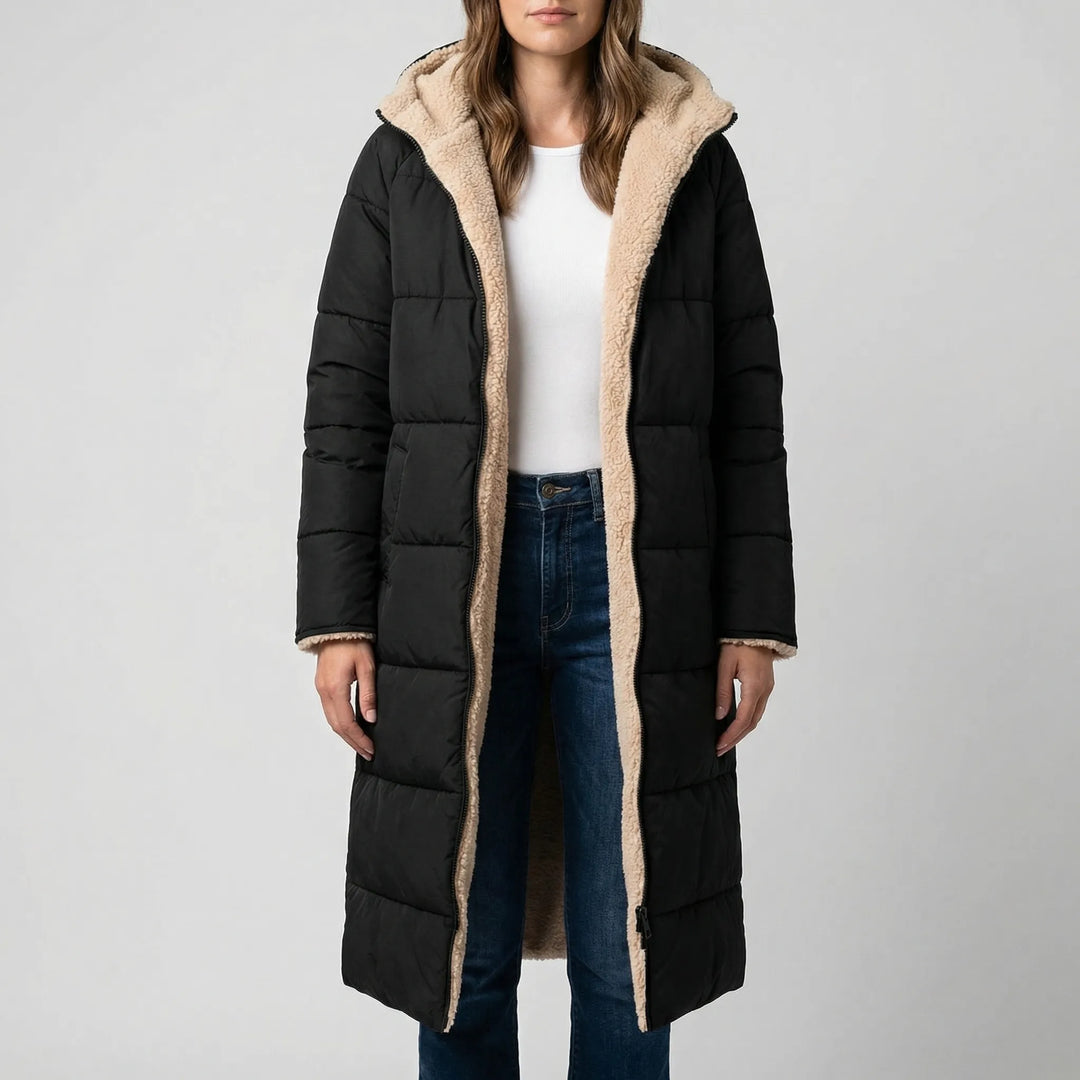 Dualvex - Cappotto invernale lungo reversibile con cappuccio