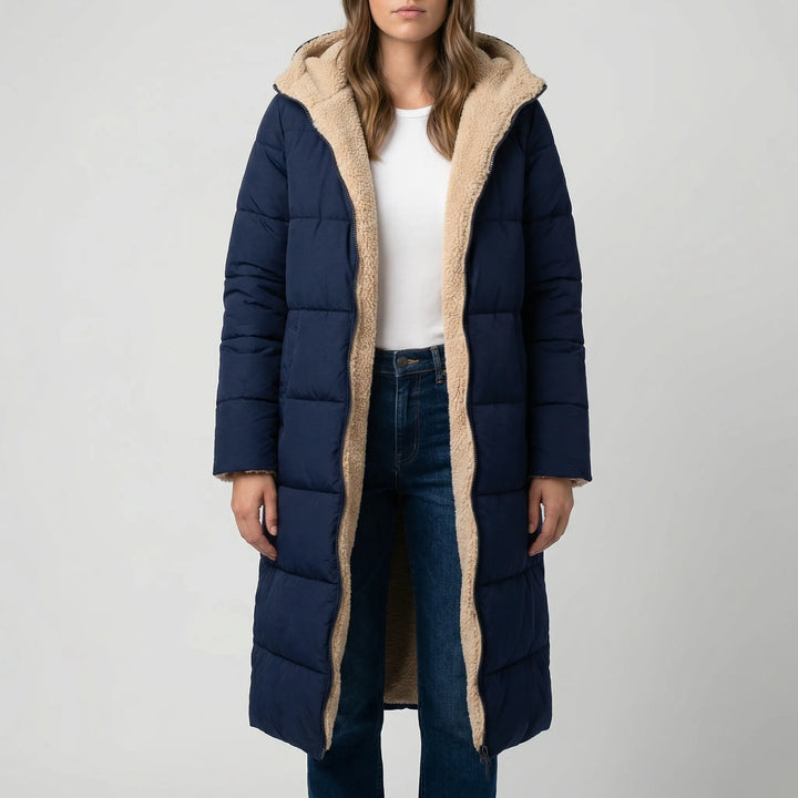 Dualvex - Cappotto invernale lungo reversibile con cappuccio