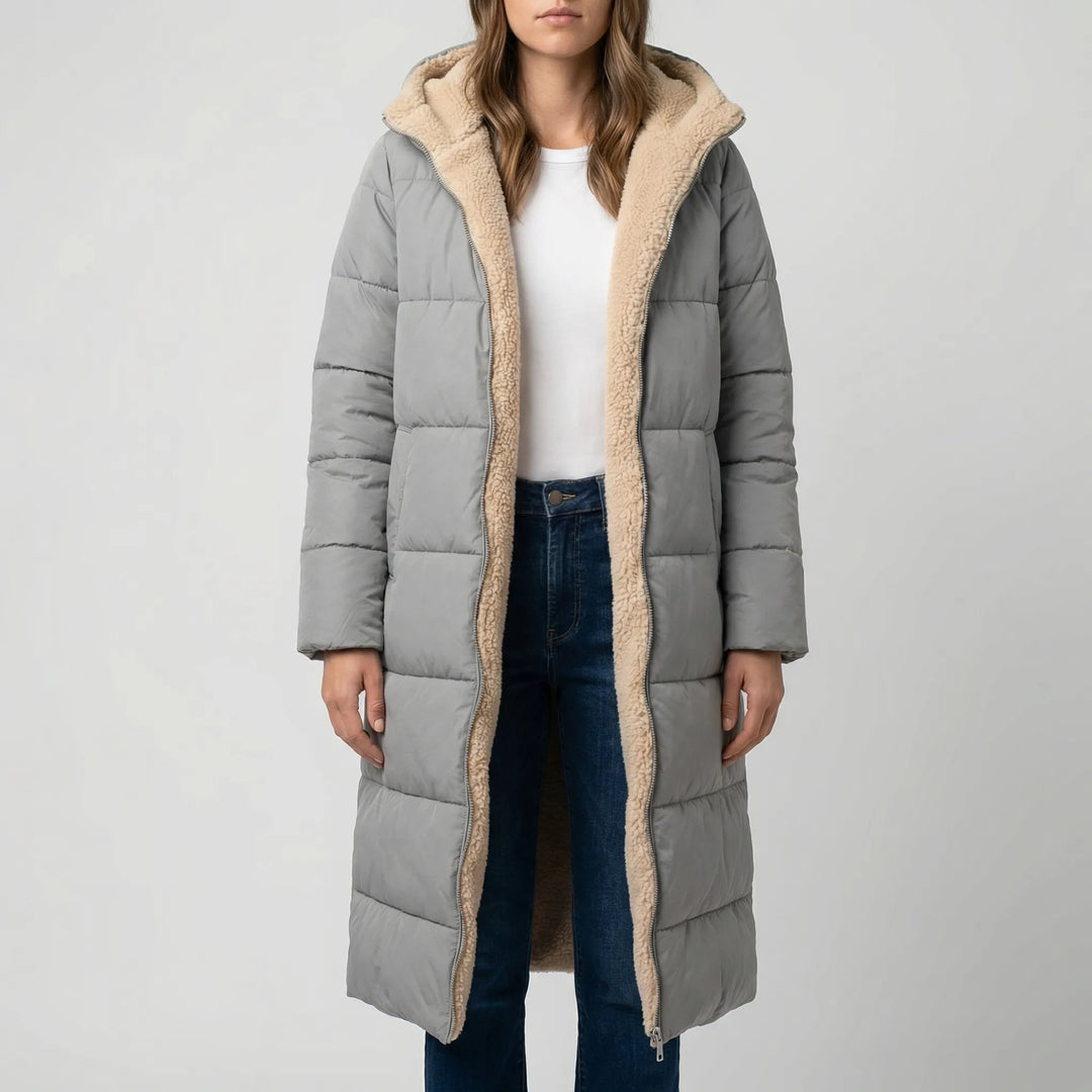 Dualvex - Cappotto invernale lungo reversibile con cappuccio