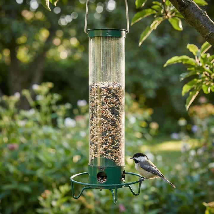 Feedrix - Mangiatoia per uccelli a tubo sospeso con anello di posatoio