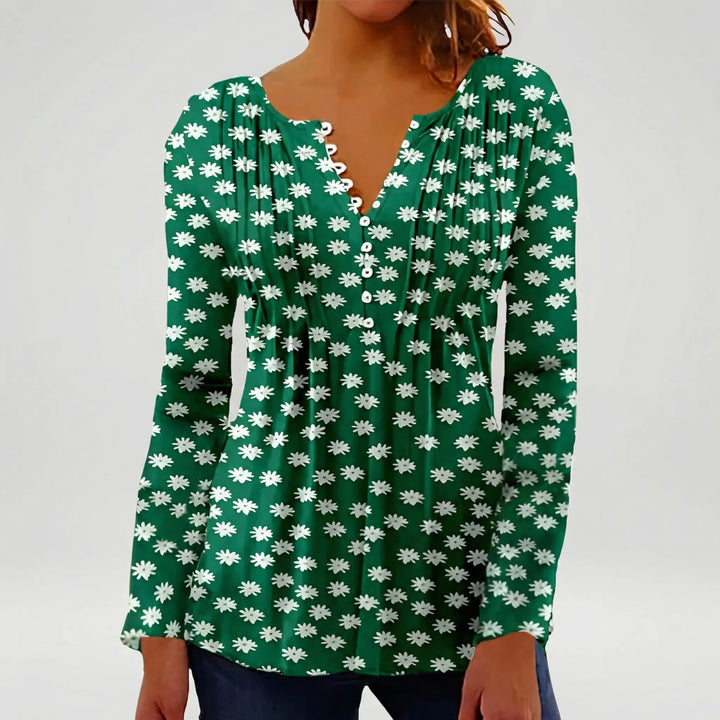 Floravia - Camicetta da donna con stampa floreale e scollo a bottoni
