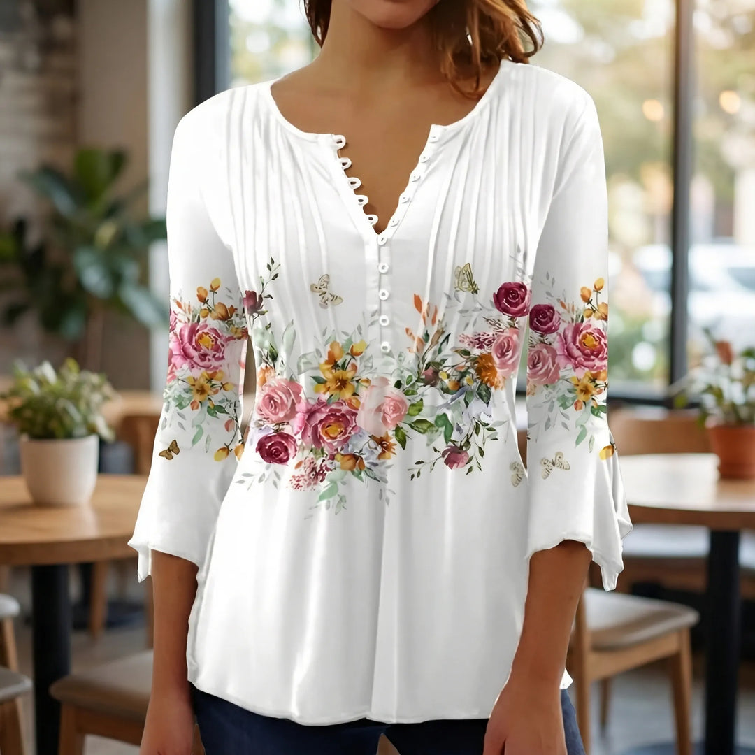 Floravia - Camicetta da donna con stampa floreale e scollo a bottoni