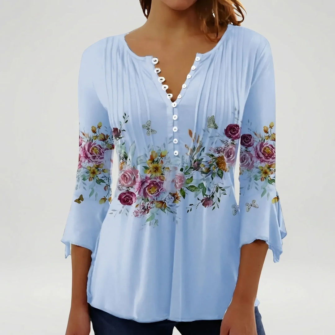Floravia - Camicetta da donna con stampa floreale e scollo a bottoni
