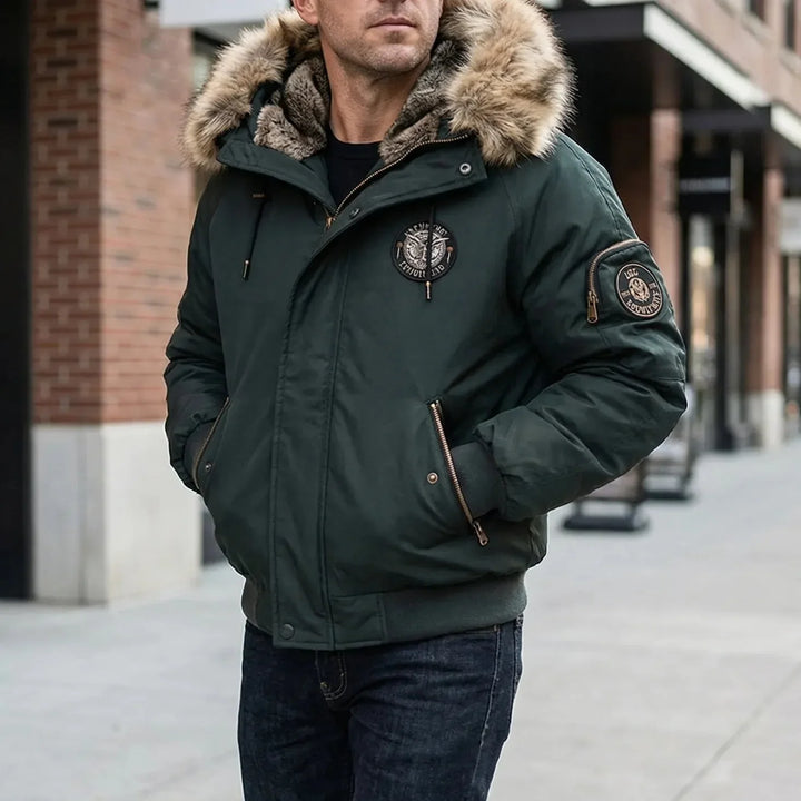 Frostlux - Giacca bomber imbottita con cappuccio in pelliccia sintetica