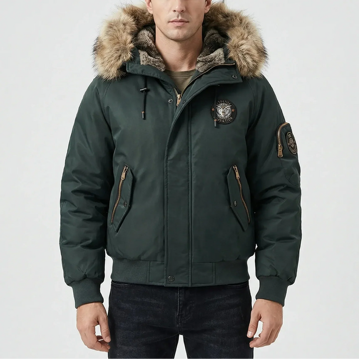 Frostlux - Giacca bomber imbottita con cappuccio in pelliccia sintetica