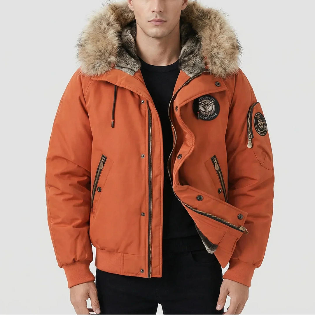 Frostlux - Giacca bomber imbottita con cappuccio in pelliccia sintetica