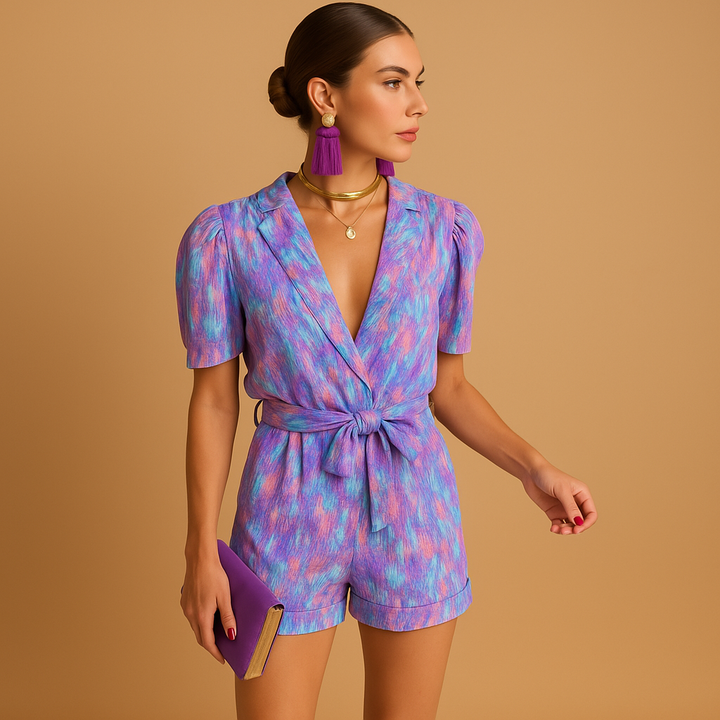 Dames zomerjumpsuit met levendige print, korte broek en taille-accentuerende riem, perfect voor warme dagen en casual gelegenheden.