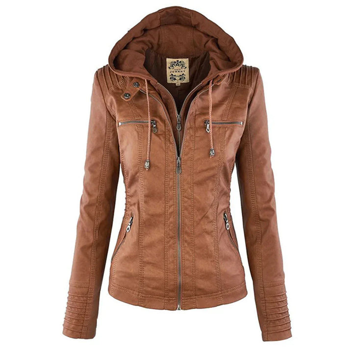 Giacca Moto in Pelle Finta con Cappuccio per Donne