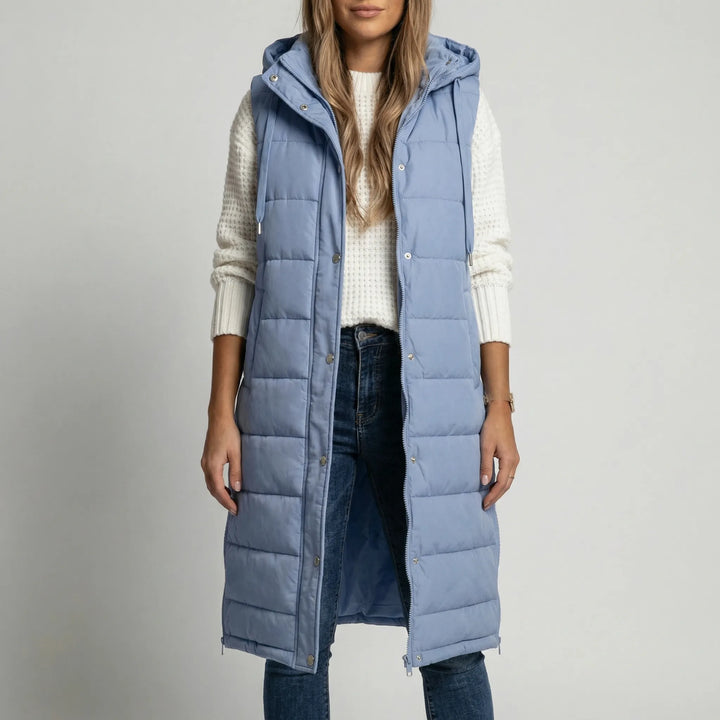 Layriva - Gilet imbottito lungo senza maniche con cappuccio