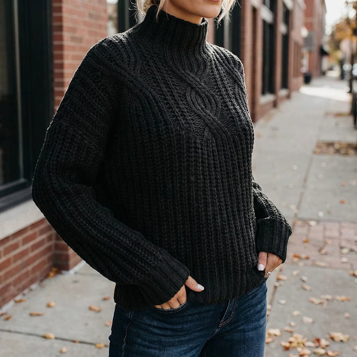 Texturra - Maglione pullover a collo alto con lavorazione a trecce
