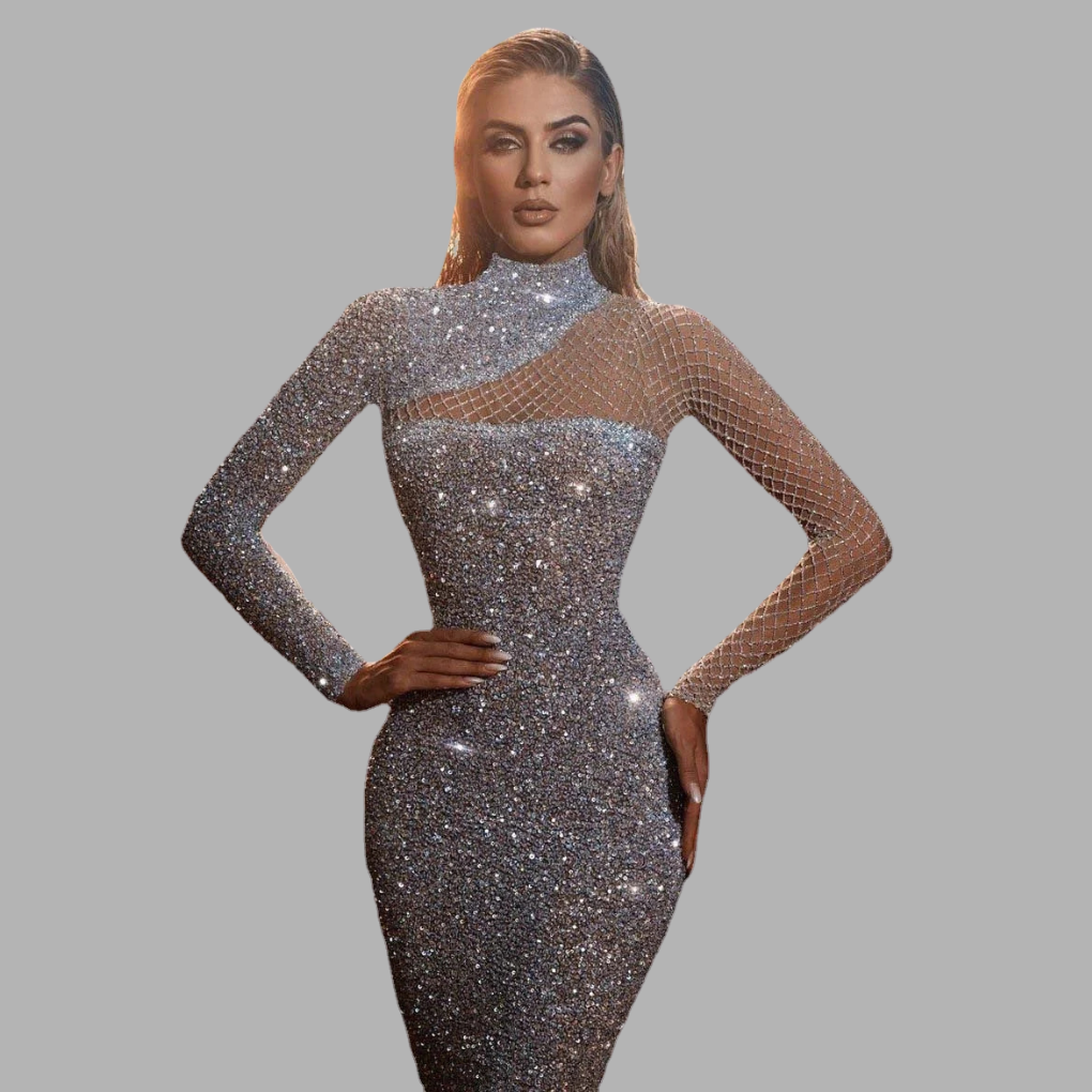 Elegante abito con paillettes a spalle scoperte