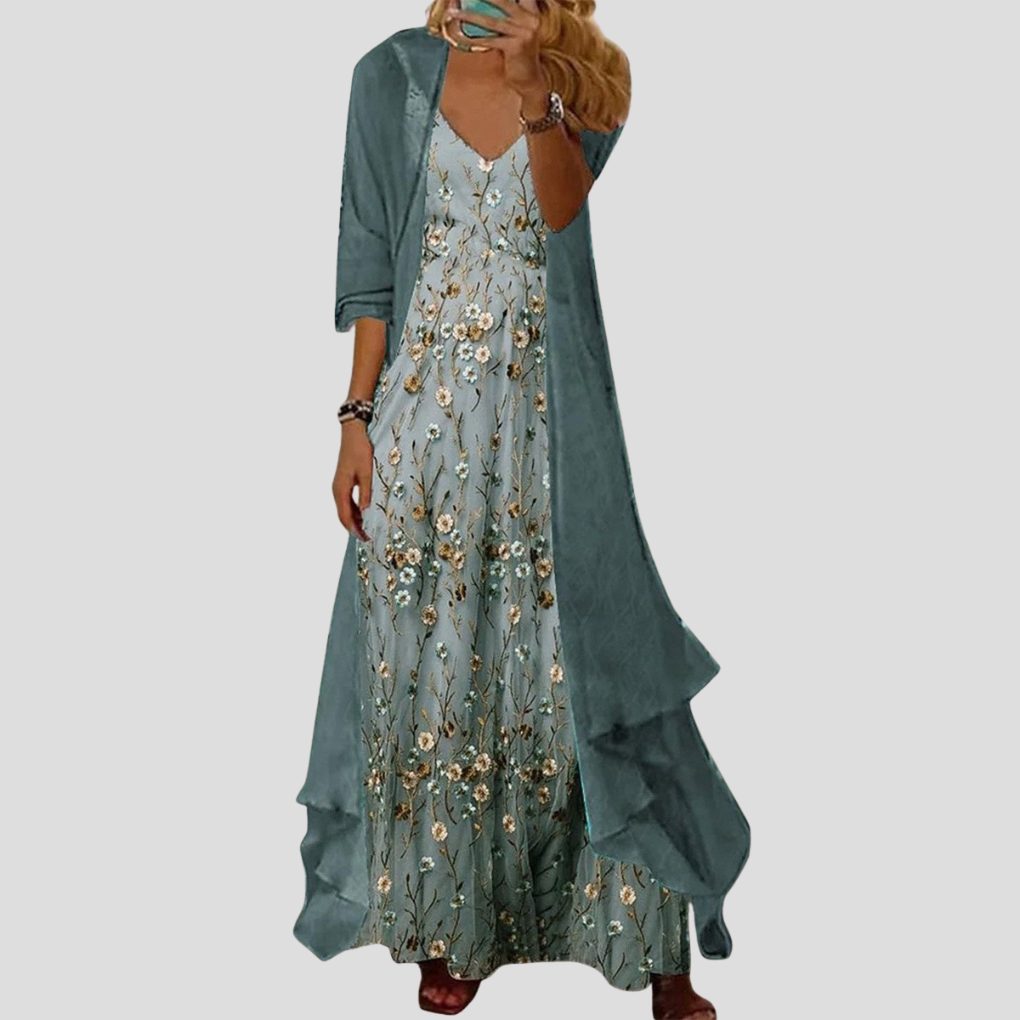 Set Due Pezzi Floreale Verde da Donna – Manica 3/4 Stile V-Collo