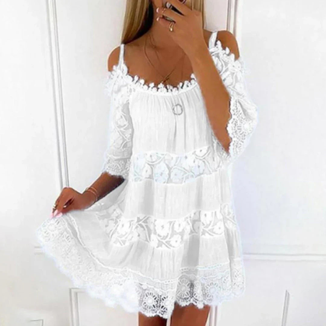 Summer Mini Dress with Crochet Lace and Embroidery