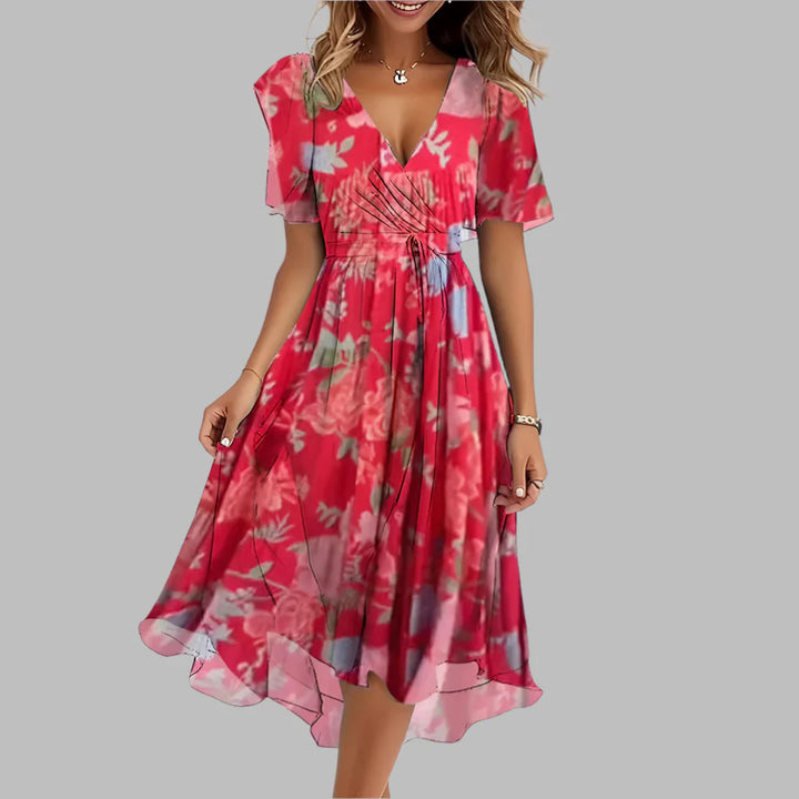 Elegant mid-length dress with floral ruffles for women