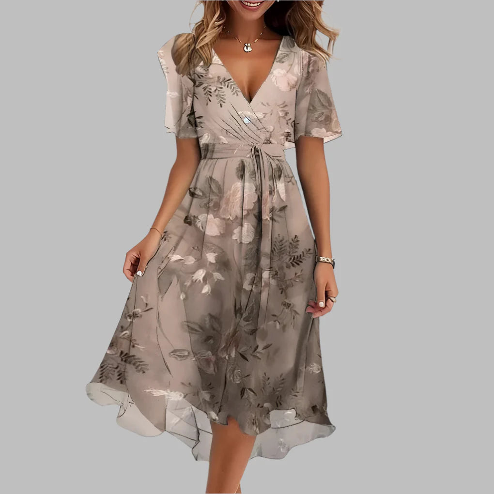 Elegant mid-length dress with floral ruffles for women