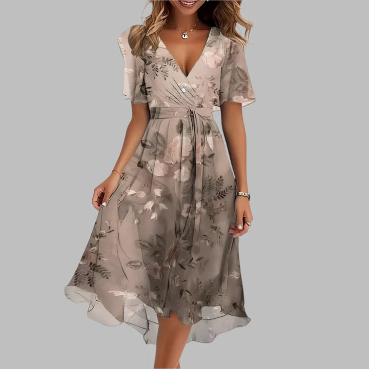 Elegant mid-length dress with floral ruffles for women