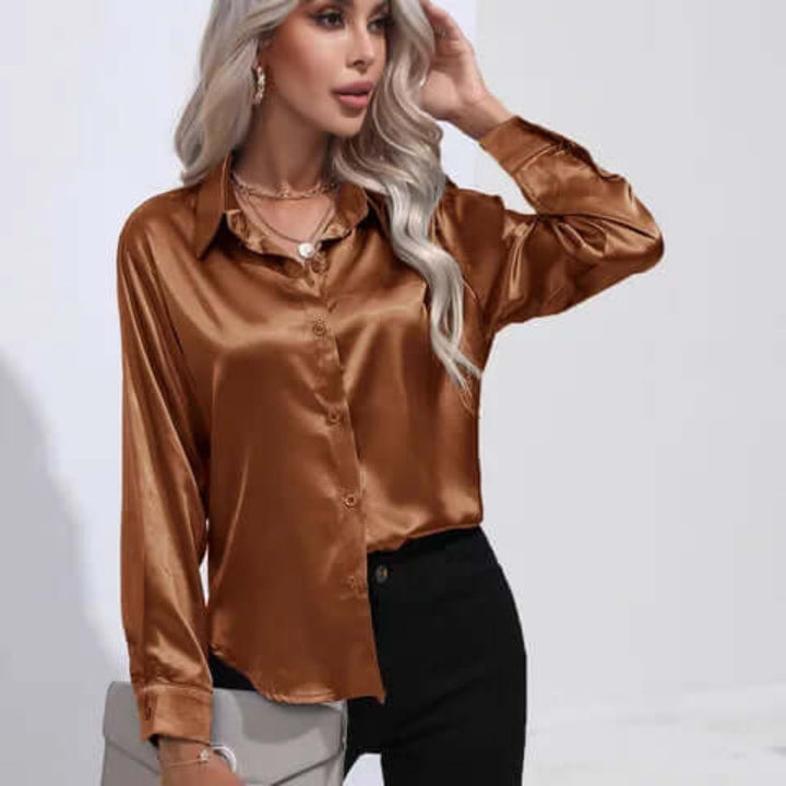 Women's satin blouse with long sleeves and loose fit