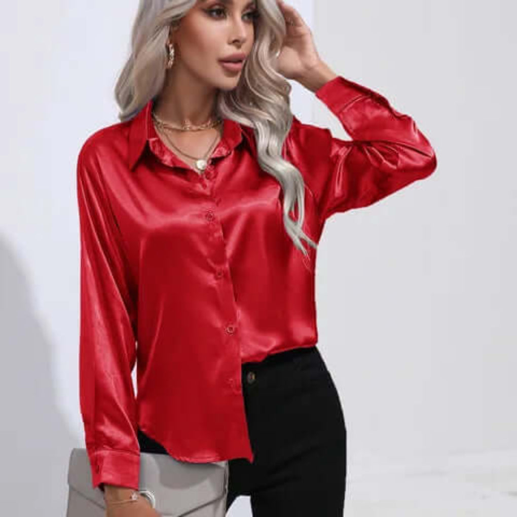 Women's satin blouse with long sleeves and loose fit