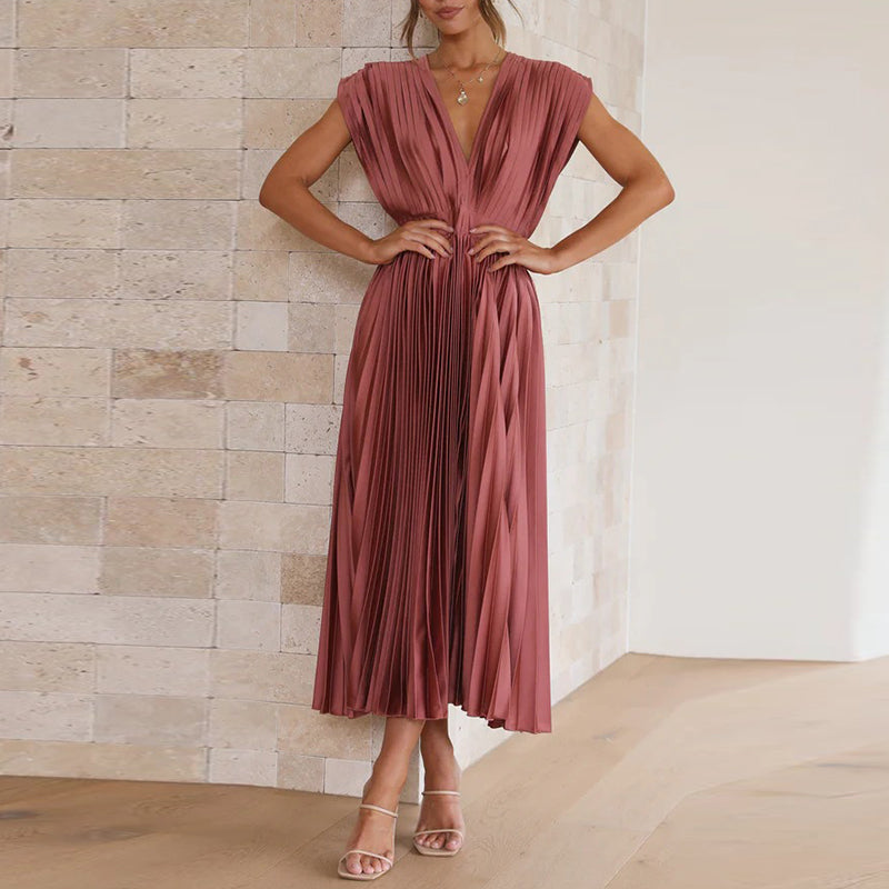 Abito donna elegante con scollo a V e senza maniche