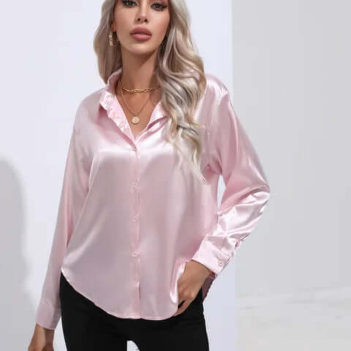 Women's satin blouse with long sleeves and loose fit