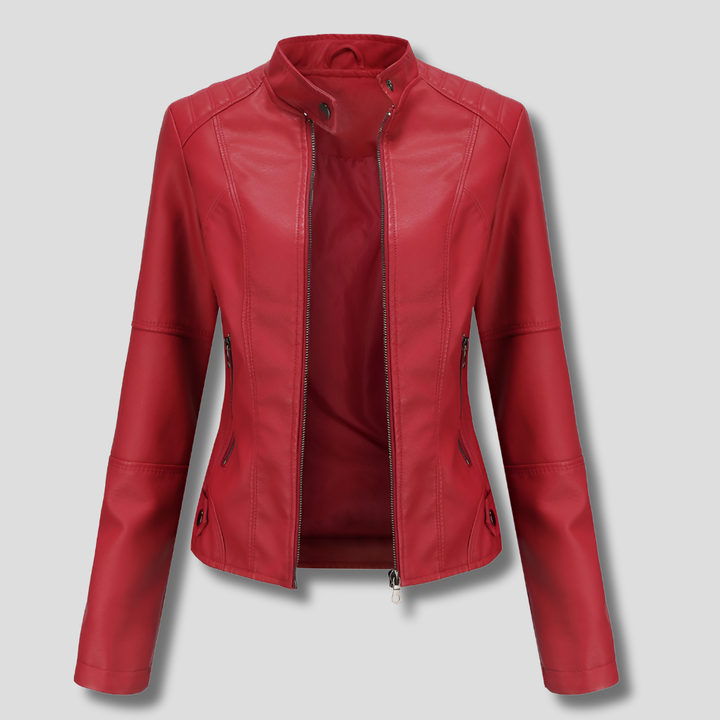 Giacca da motociclista in pelle rossa aderente da donna