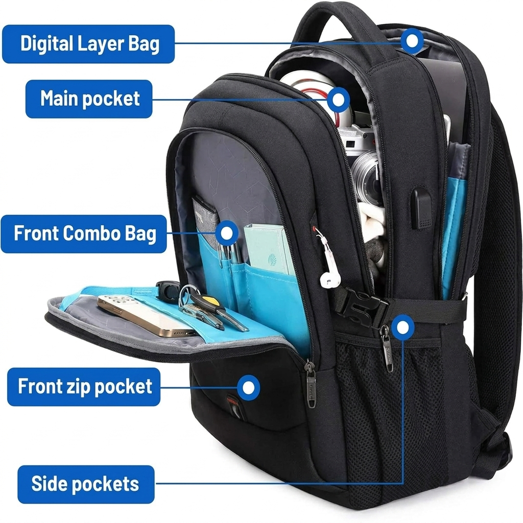 Zaino impermeabile per laptop e viaggio con scomparti organizzati