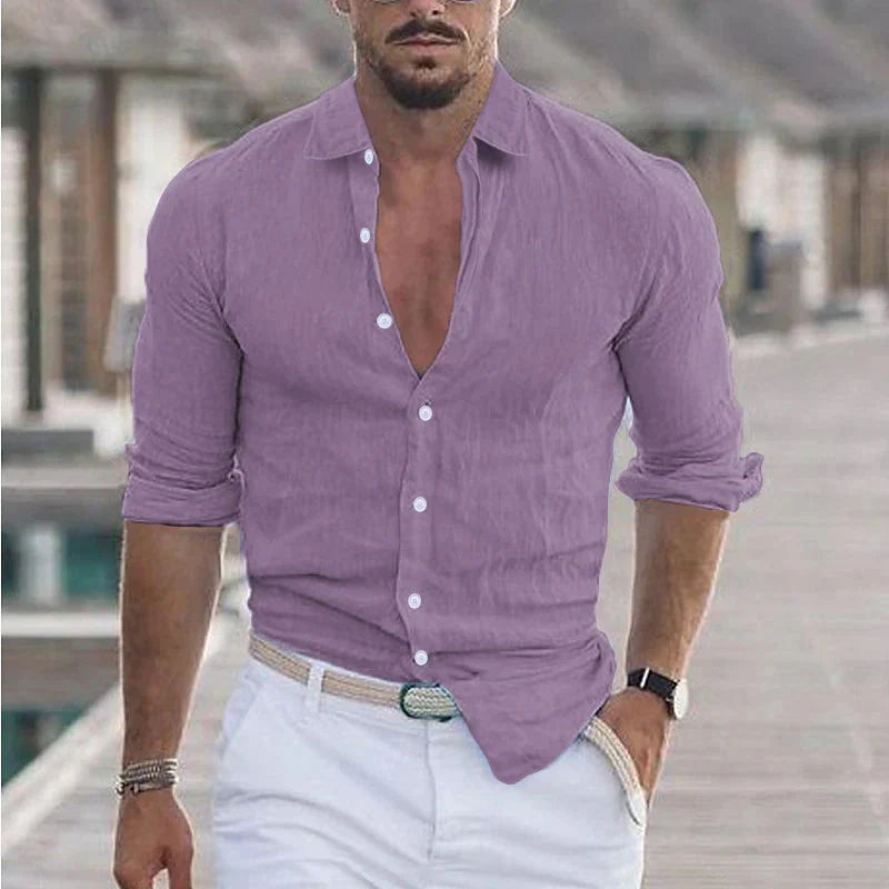 Camisa de hombre de lino con cuello vuelto