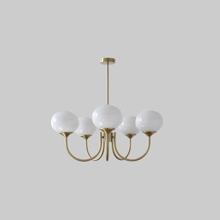 Modern pink and gold chandelier with elegant glass shades, ideal ceiling light fixture for chic home decor and illumination.
