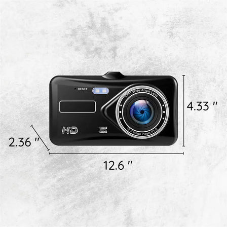 "Wireless dual dash camera, night vision, 170° angle, HD 1080p, front and rear lenses, LCD screen, sleek black design."